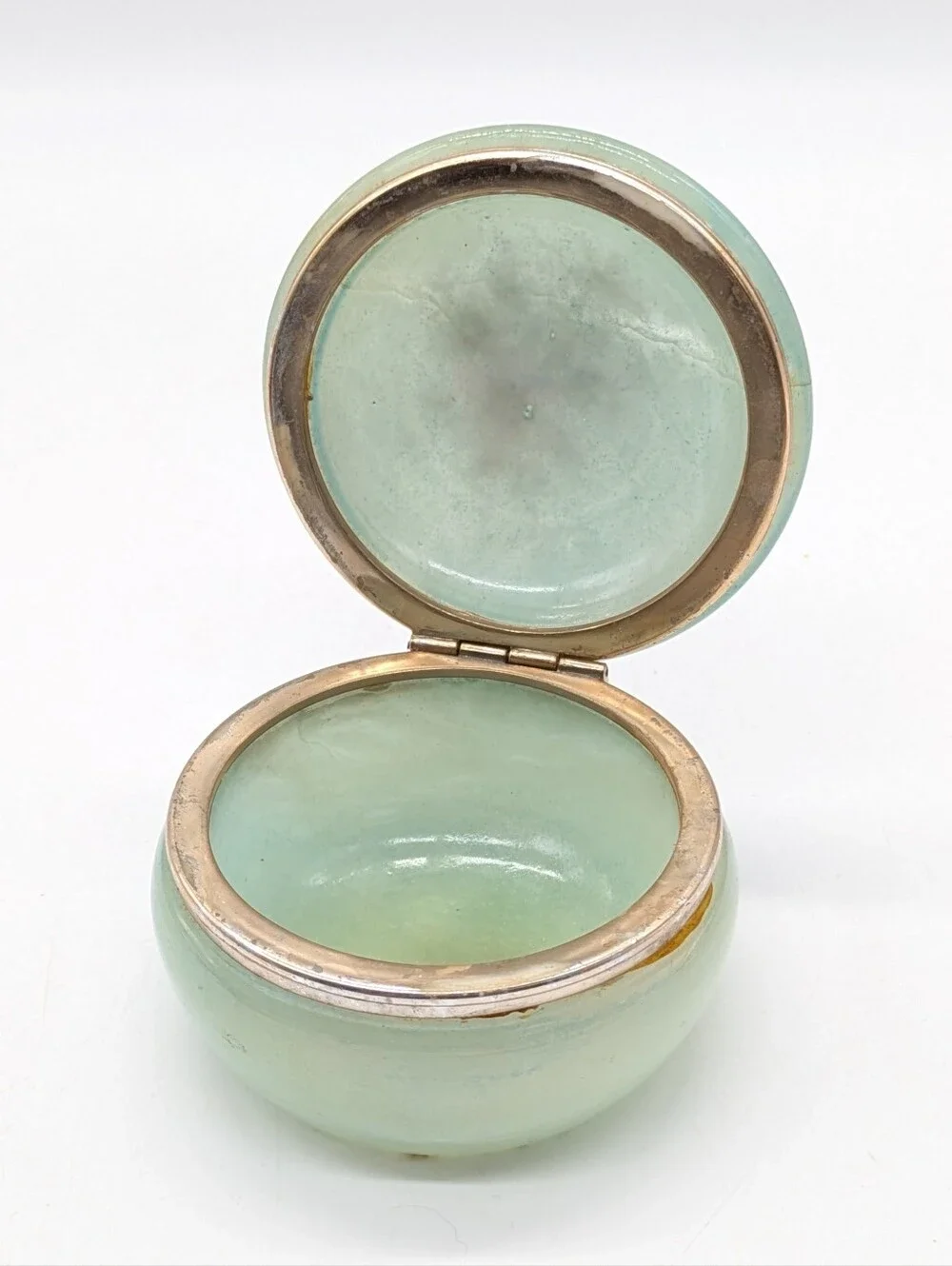 Vintage Green Floral Hand Carved Alabaster Hinged Trinket Dish
